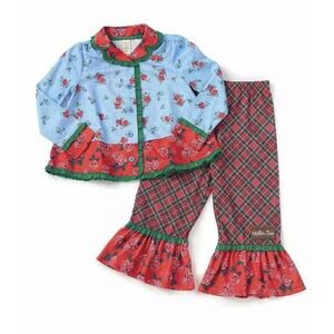 Matilda Jane Blue Red Green Plaid + Floral Flared Two Piece Pajamas 4 Christmas